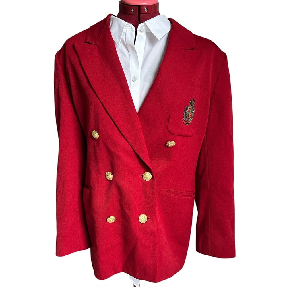 Vintage Charter Club 14 Petite Worsted Pure Wool Double Breasted Crested‎ Blazer